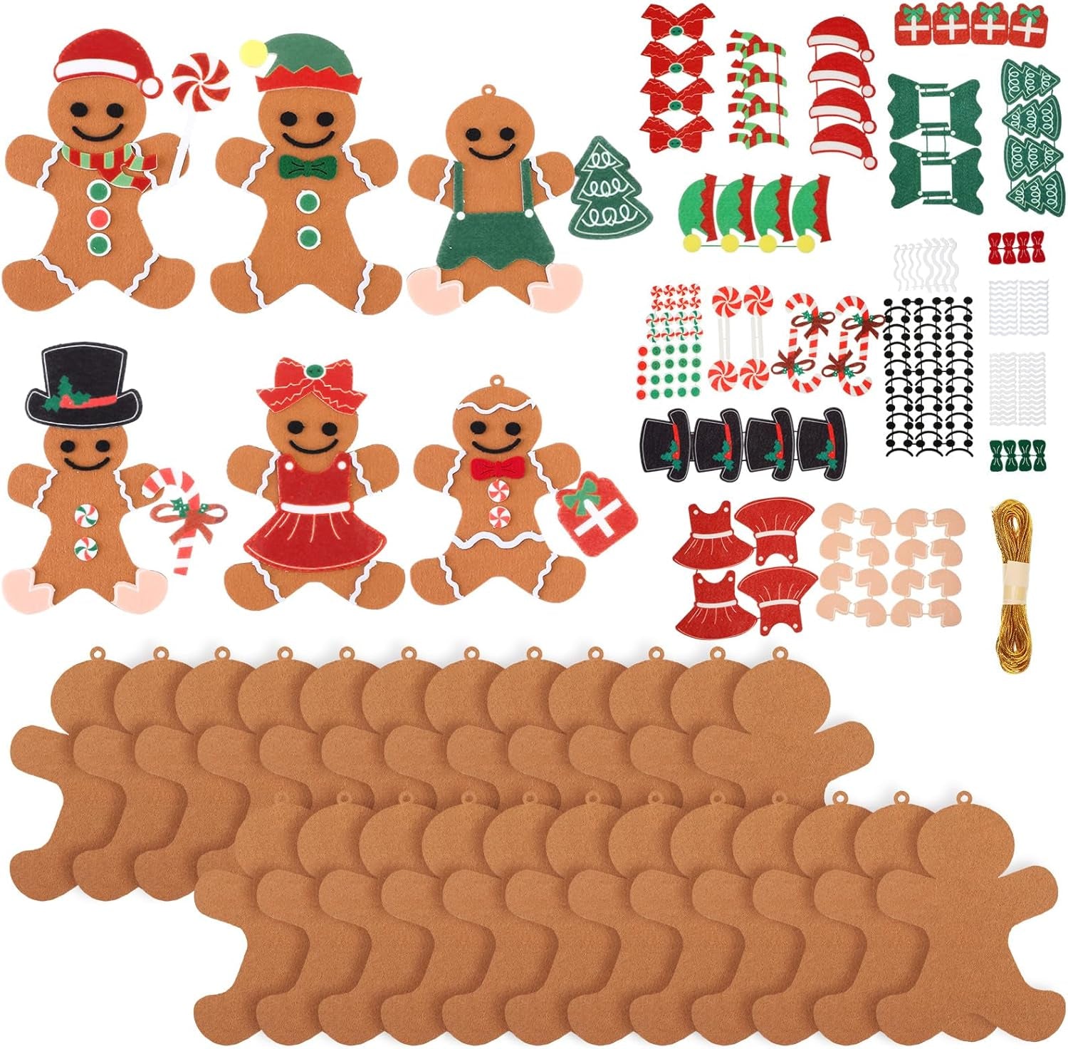 24 Pcs Christmas DIY Felt Gingerbread Man Craft for Kids Gingerbread Man Ornament Ginger Bread Men Hanging with Self-Adhesive Sticker Sheets for Christmas Party Favor Xmas Tree Decor Decoration