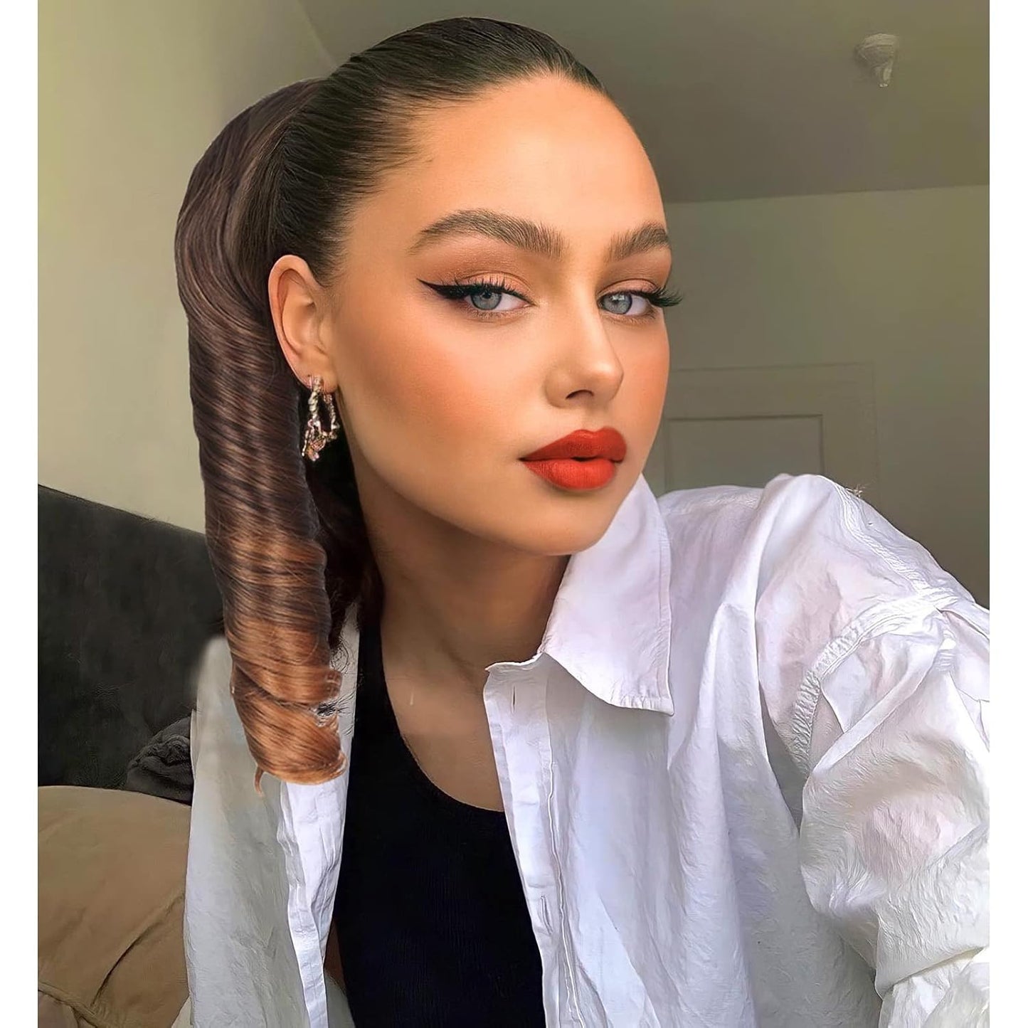 Highlights Curly Ponytails Drawstring Ponytail Extension for Black Women, 14Inch Ombre Brown Ponytail Short Spiral Curl Hair Piece Clip on Ponytails for Women Pretty Party Hair Extensions(T4/30#)