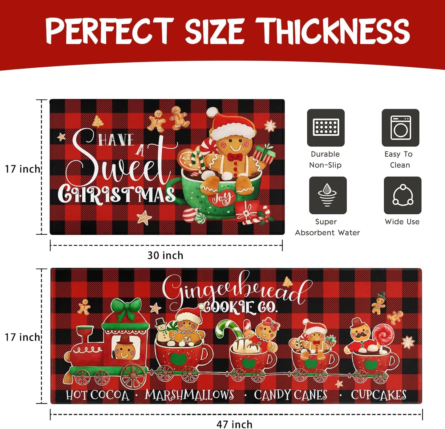 Merry Christmas Kitchen Rugs and Mats Set of 2,Buffalo Plaid Gingerbread Hot Cocoa Xmas Winter Holiday Sink Floor Mat Non Skid Washable for Home Farmhouse Christmas Decor 17"X47"+17"X30"