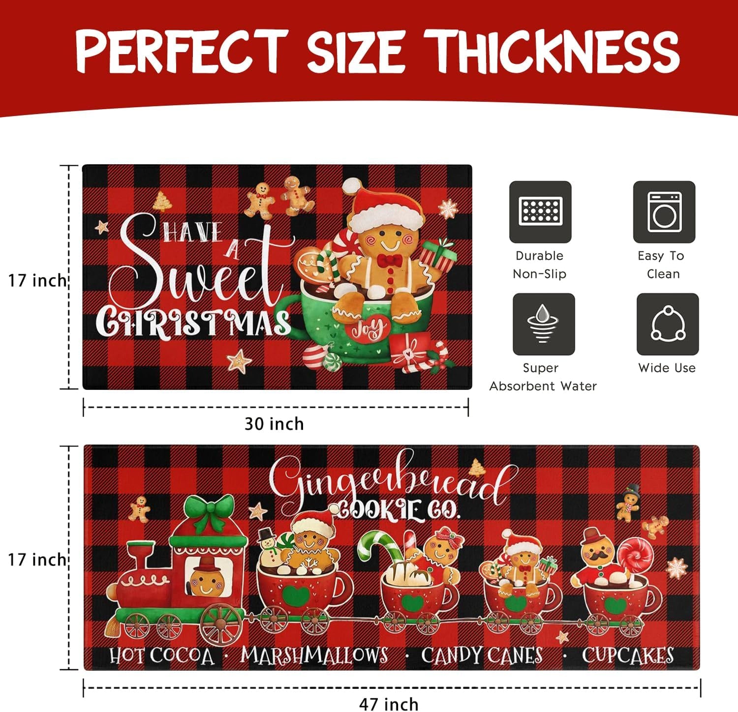 Merry Christmas Kitchen Rugs and Mats Set of 2,Buffalo Plaid Gingerbread Hot Cocoa Xmas Winter Holiday Sink Floor Mat Non Skid Washable for Home Farmhouse Christmas Decor 17"X47"+17"X30"