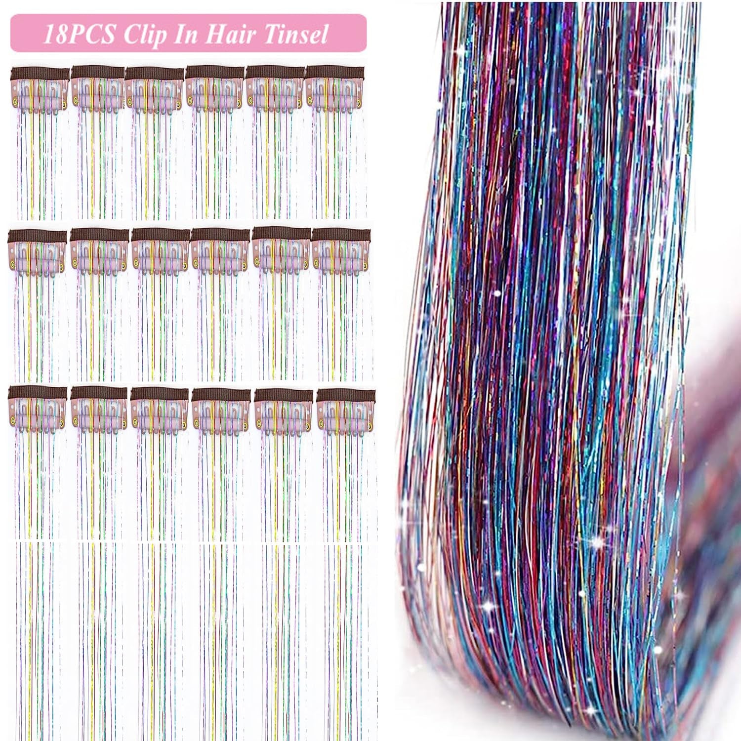 Hair Tinsel Kit Pack of 18 Pcs Hair Tinsel Clip in 19.6Inch Glitter Tinsel Hair Extensions Heat Resistant Clip in Hair Tinsel Sparkle Fairy Hair Accessories for Kids Girls Women (Colorful)