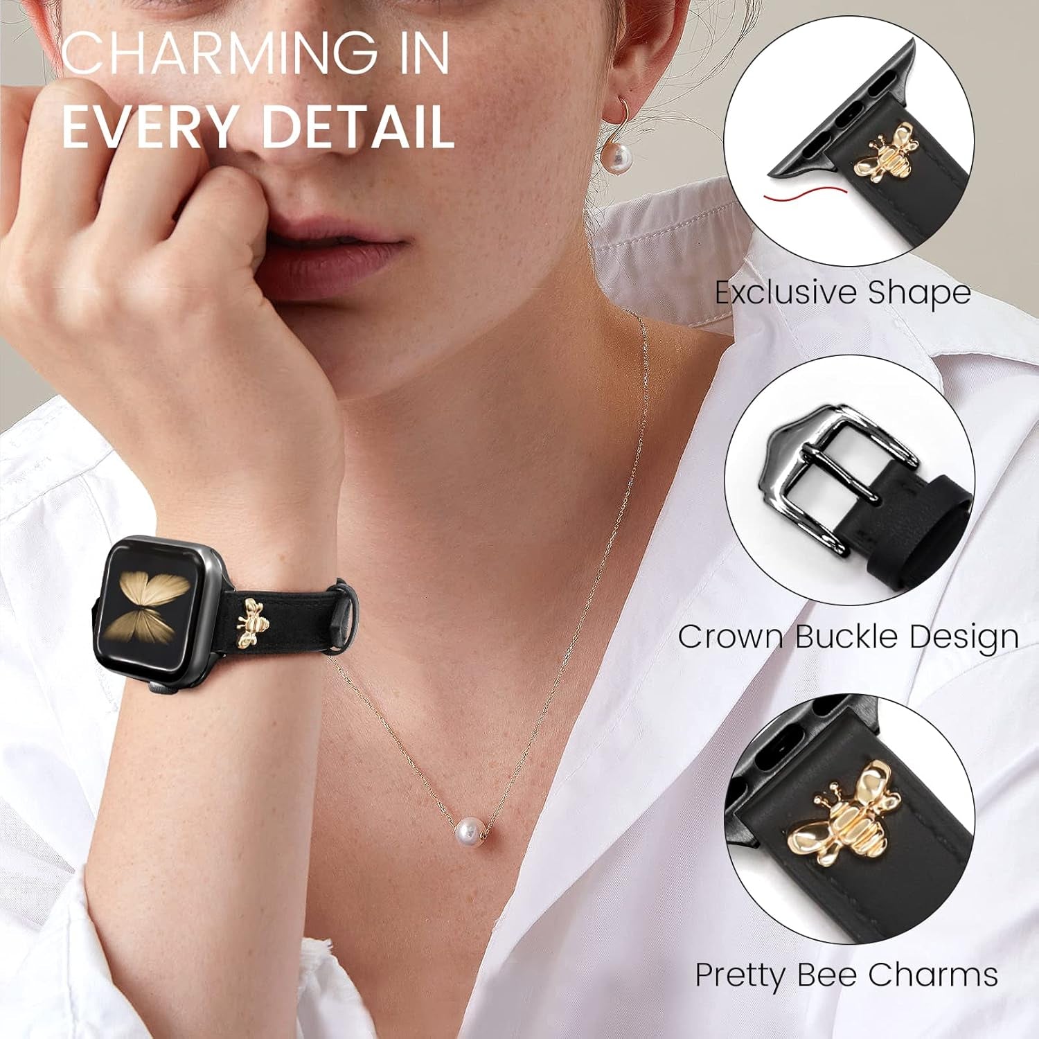 Slim Leather-Bands Compatible with Apple Watch Band 38Mm 40Mm 41Mm 42Mm 44Mm 45Mm 49Mm, Top Genuine Leather Band with Charms, Feminine Design for Iwatch Ultra SE & Series 9 8 7 6 5 4 3 2 1