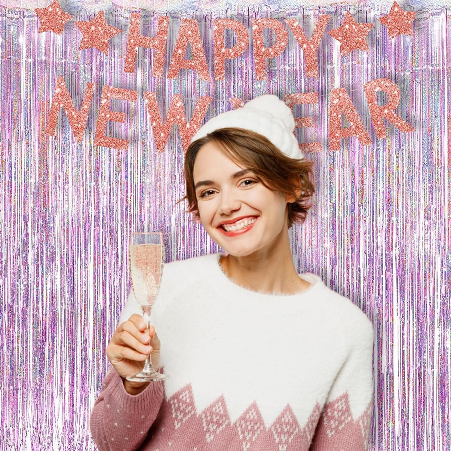 Pink Tinsel Foil Fringe Curtains - 2 Pcs 3.2X8.2 Ft Metallic Holidays Photo Backdrop for Girl Birthdays Bridal Shower Sweet Dount Bachelorette Party Supplies Decorations