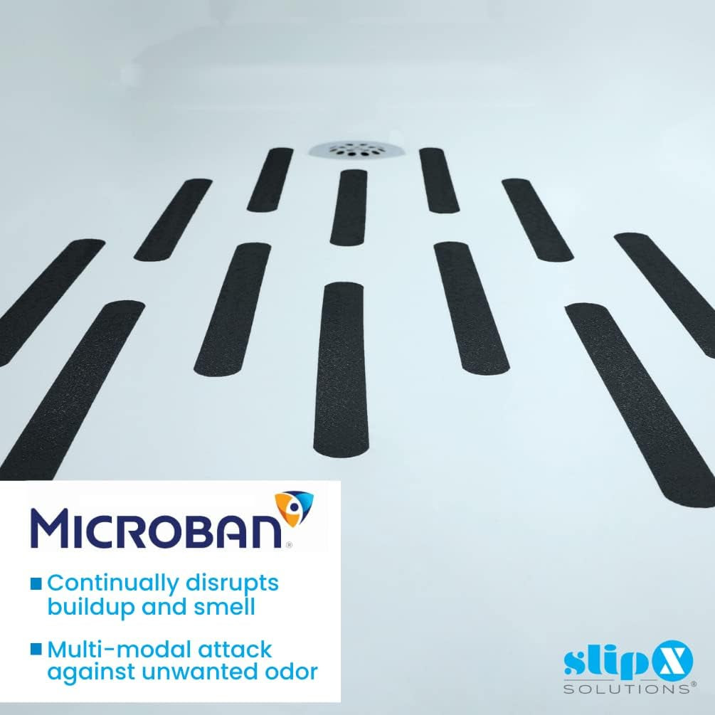 Microban-Infused Non-Slip Adhesive Safety Treads | Anti-Slip Bathroom Accessories - Bathtub, Shower, Pool, Boat, & Stair Tread Stickers | 7.5" X.75 Power Grip Strips (12, Black)