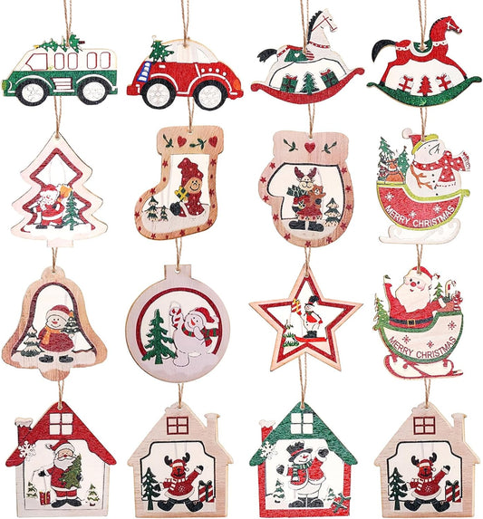 32 Pieces Wooden Christmas Ornaments, Christmas Tree Decorations, Christmas Decorations, Rustic Farmhouse Wood Christmas Ornaments Set for Gift Tags Home Craft Card Decor, 16 Styles