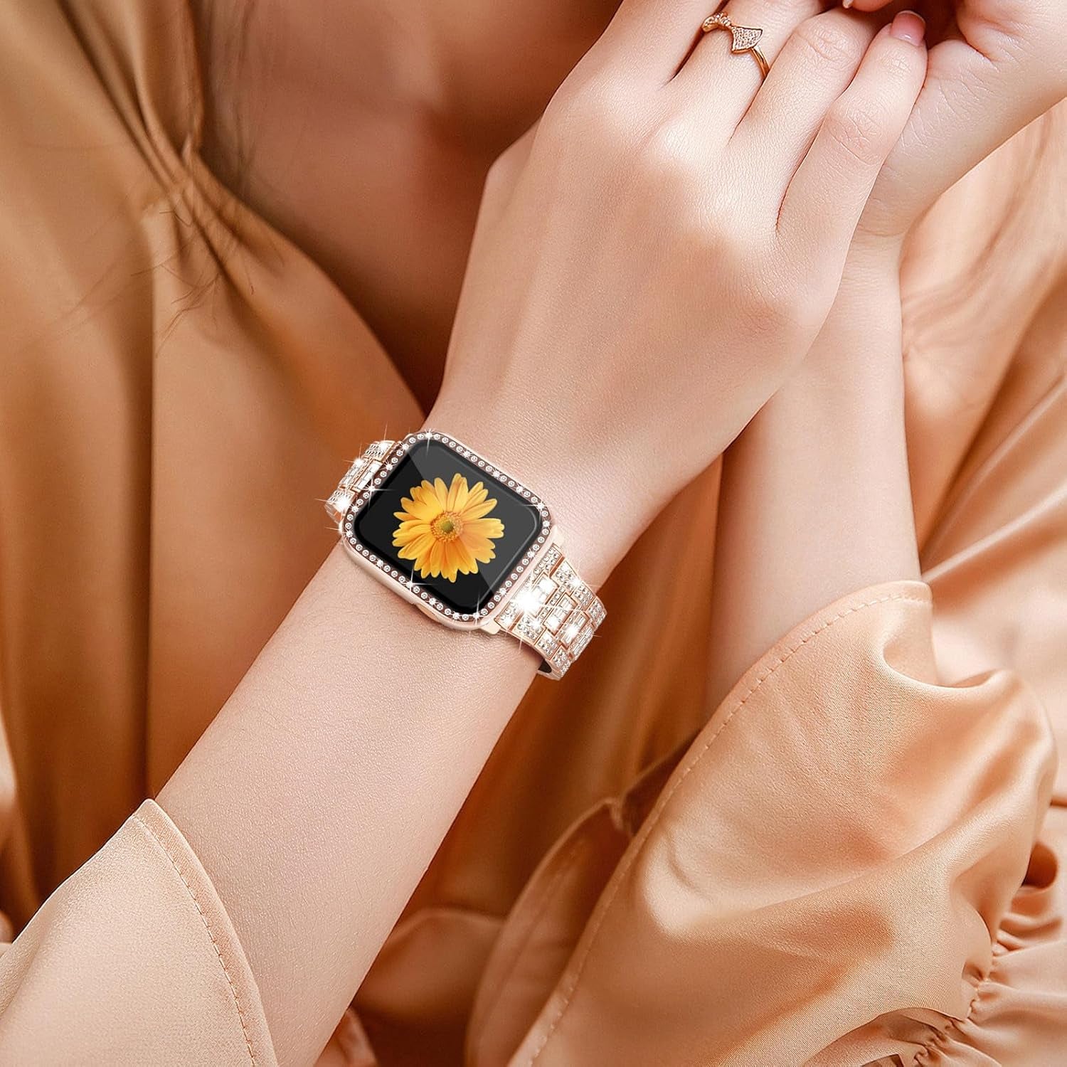 Compatible for Apple Watch Band with Screen Protector Case, Jewelry Replacement Band 45Mm 44Mm 42Mm 41Mm 40 Mm 38Mm 2 Pack Bling Protective Cover for Iwatch Series 9/8/7/6/5/4/3/2/1/SE Women