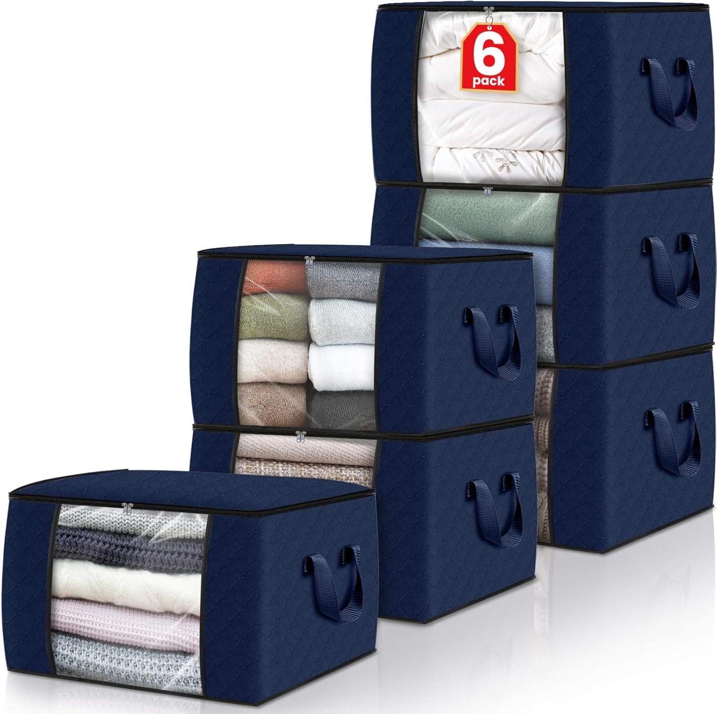 6 Pack Clothes Storage, Foldable Thick Fabric Blanket Storage Bags, Storage Containers for Organizing Bedroom, Closet, Clothing, Comforter, Organization and Storage with Handle,Grey