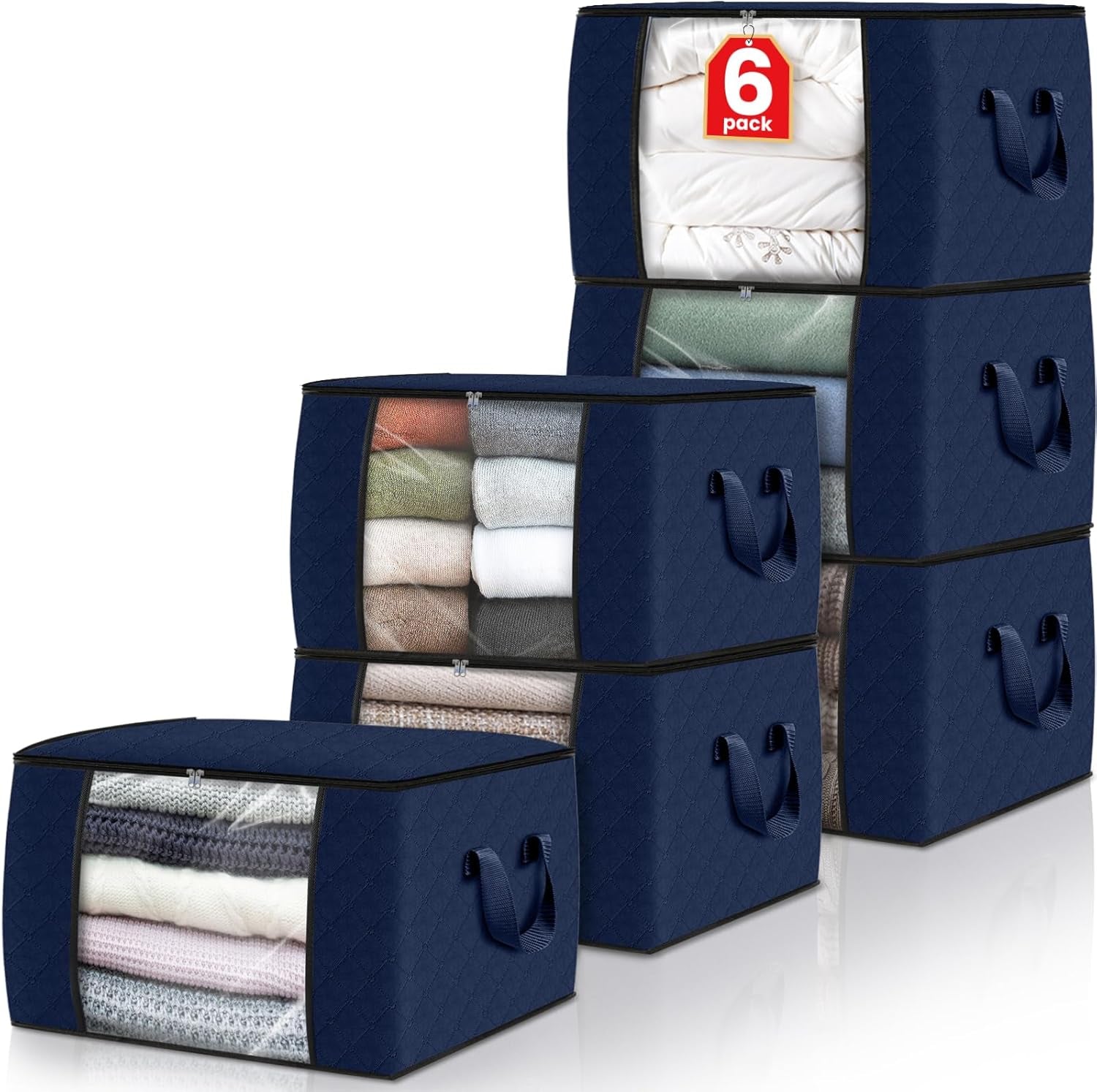 6 Pack Clothes Storage, Foldable Thick Fabric Blanket Storage Bags, Storage Containers for Organizing Bedroom, Closet, Clothing, Comforter, Organization and Storage with Handle,Grey
