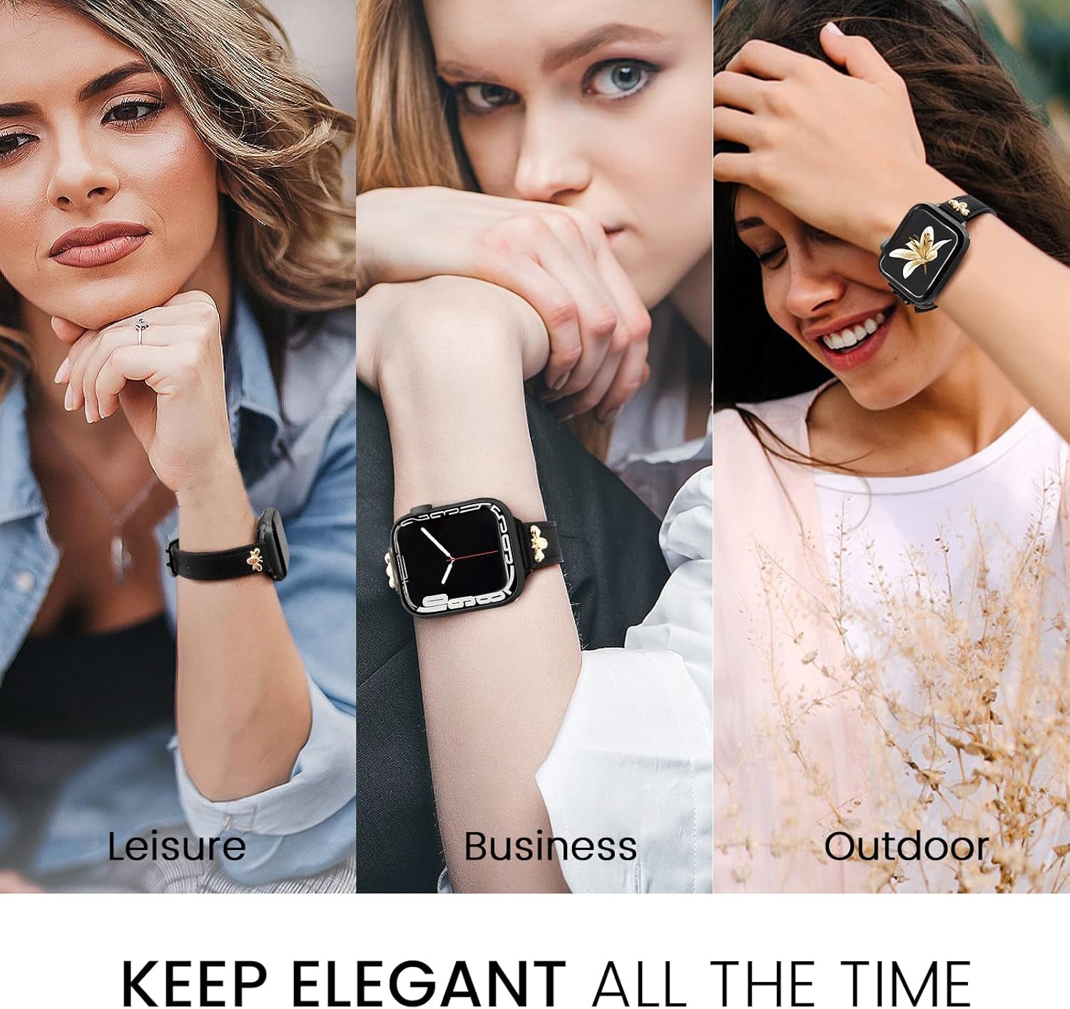 Slim Leather-Bands Compatible with Apple Watch Band 38Mm 40Mm 41Mm 42Mm 44Mm 45Mm 49Mm, Top Genuine Leather Band with Charms, Feminine Design for Iwatch Ultra SE & Series 9 8 7 6 5 4 3 2 1