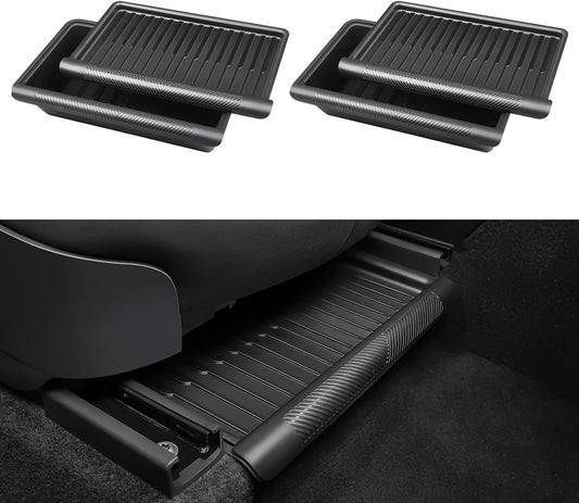 2PCS under Seat Storage Box for Tesla Model Y 2024, TPE Storage Tray Box with Lid, Model Y Organizer Accessories 2020-2024, Black (For Five-Seater Model Y)