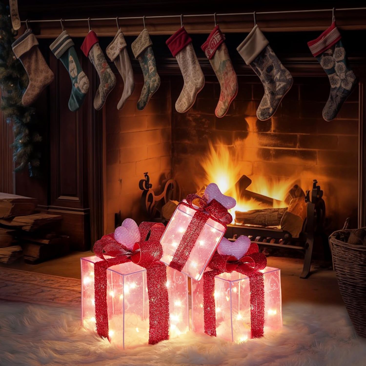 Christmas Lighted Gift Boxes with Pink Cloth, Pre-Lit Lights Gift Boxes Set of 3, Light up Present Boxes Set Battery Operated with Different Sizes for Holiday Indoor Outdoor Decorations