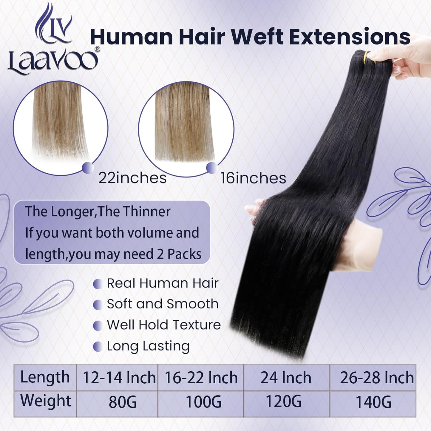 Sew in Hair Extensions Real Human Hair 120G 24 Inch Weft Hair Extensions Human Hair Jet Black Hair Extensions Sew in Weave Bundles Human Hair Double Weft Long Straight #1
