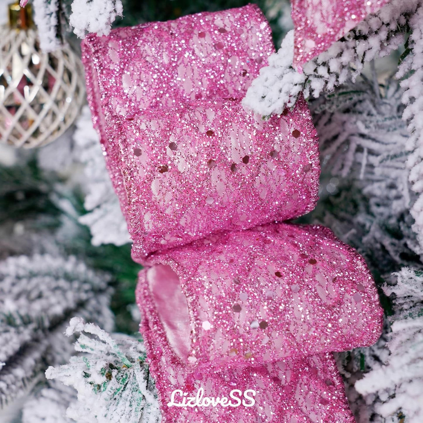 Pink Christmas Ribbon 2.5" Glitter Mesh Wired Ribbon for Christmas Tree Pink Diamond Honeycomb Ribbon for Gift Wrapping, Crafts, Wreath Supplies, Garland, Tree Topper Bows - 10 Yards