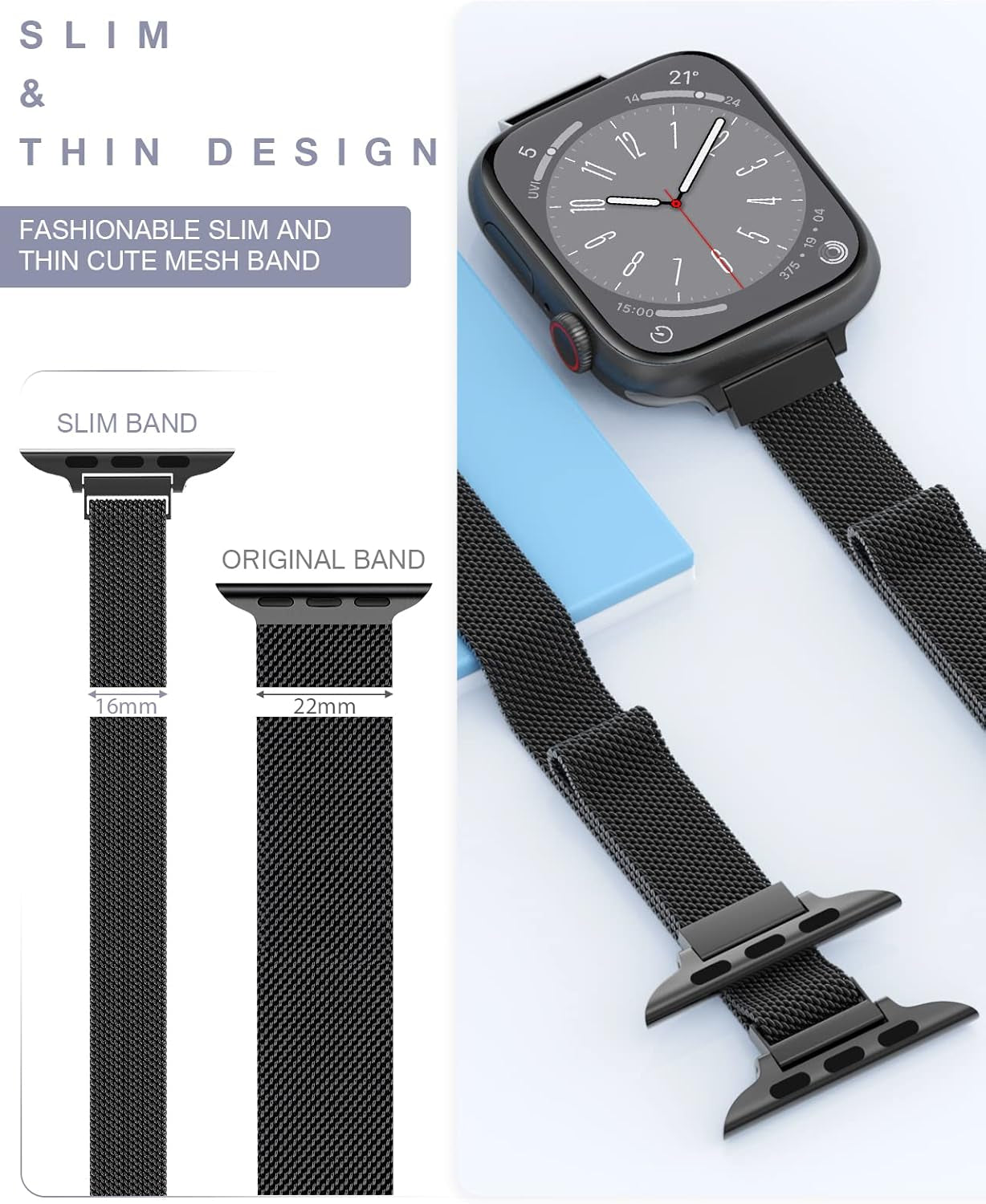 Slim Watch Band Compatible with Apple Watch Band 38Mm 40Mm 41Mm 42Mm 44Mm 45Mm 49Mm Women & Men, Stainless Steel Mesh Loop Magnetic Clasp Replacement for Iwatch Bands Series 9,Ultra 2, SE, Ultra Series 8 7 6 5 4 3 2 1 (Black, 41Mm/40Mm/38Mm)
