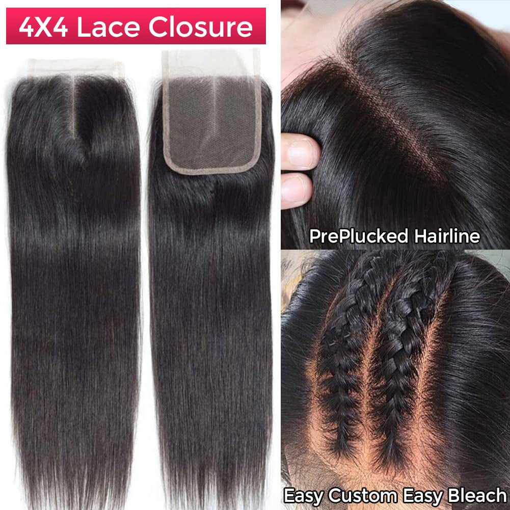 Straight Bundles with Closure Human Hair Bundles with Closure 4X4 Middle Part Lace Closure with Bundles Natural Black (24 26 26+20Inch Closure, Natural Black)…