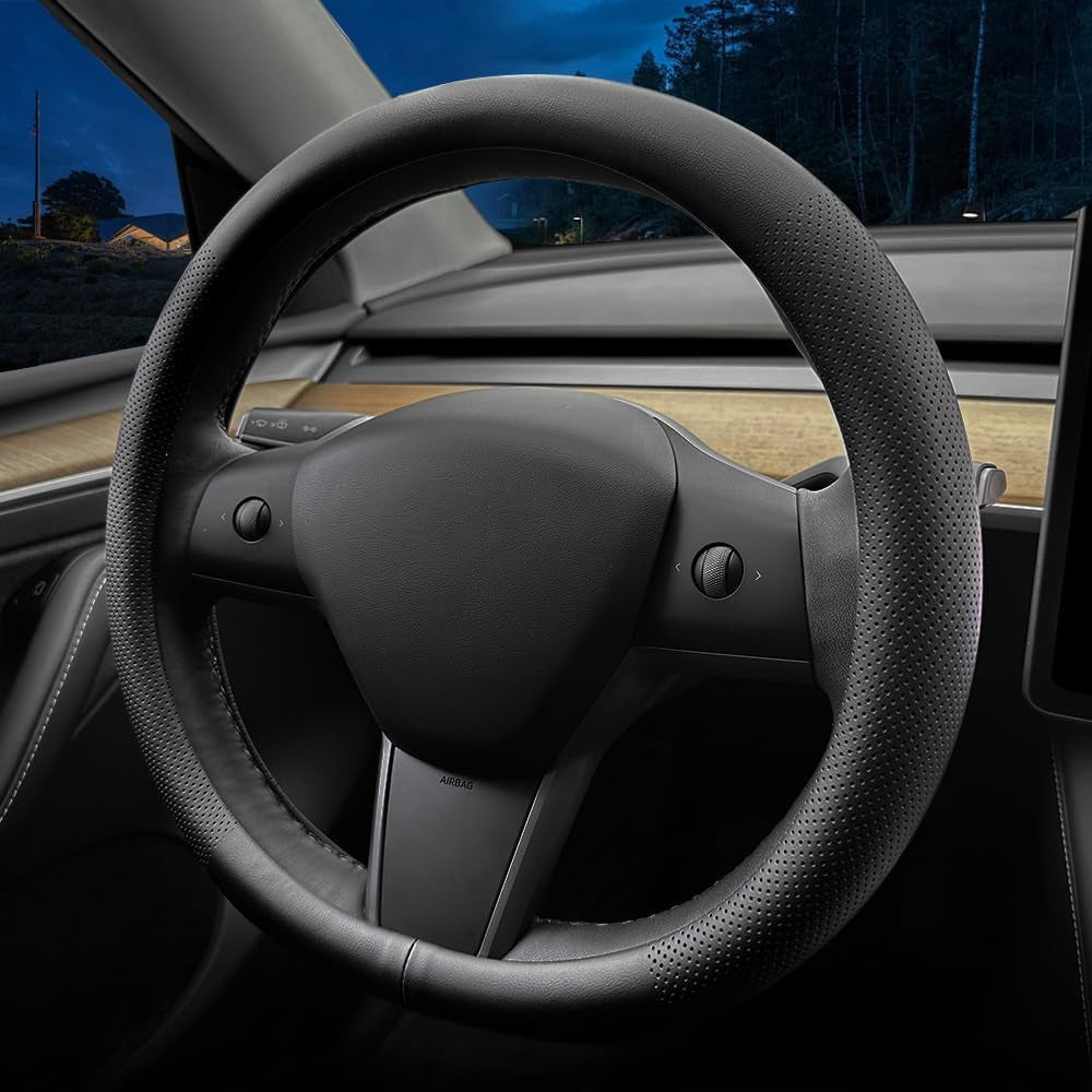 Nappa Leather Ultra-Thin Steering Wheel Cover, for Tesla Model 3/Y Steering Wheel Cover, Non-Slip Design and Interior Modification of Car Accessories (Black)