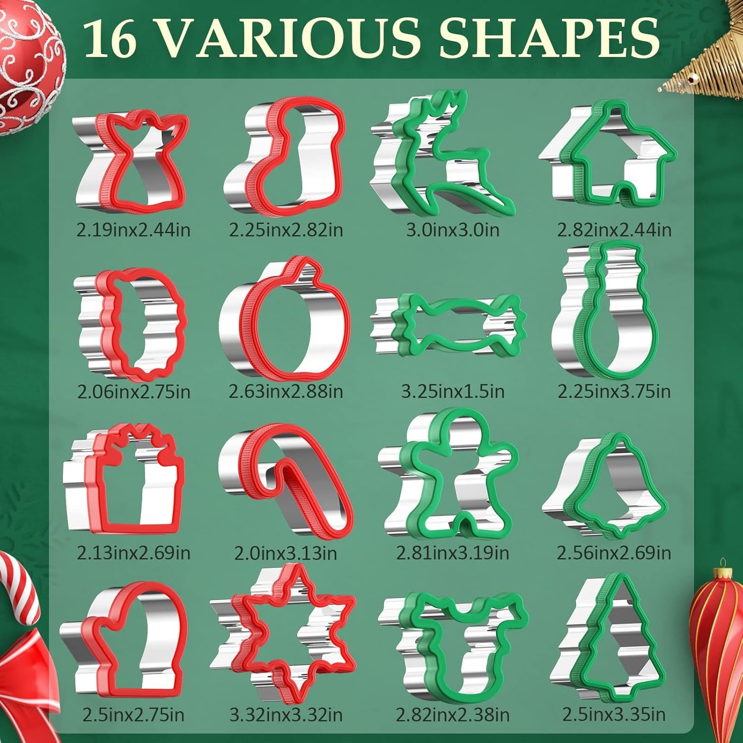 Christmas Cookie Cutters Set 16 Pieces, Holiday Cookie Cutters with Comfort Grip, Stainless Steel Baking Cutters Christmas Shapes for Xmas, Gingerbread Man, Snowflakes, Christmas Tree, Santa, Etc