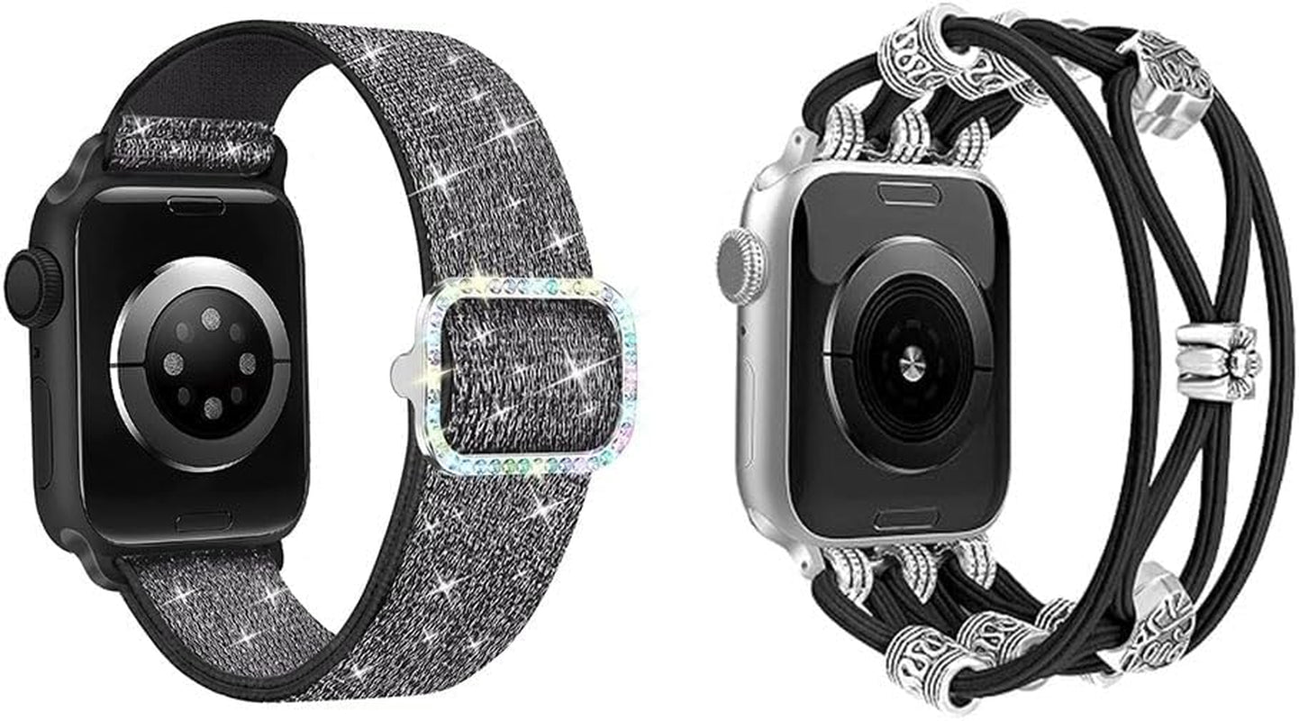 Bling Stretchy Nylon Band Beaded Bracelet Compatible with Apple Watch Band 40Mm 41Mm 38Mm 42Mm Women, Solo Loop Nylon Strap Stretchy Dressy Band for Iwatch Series 10/9/8/SE/7/6/5/4/3/2/1
