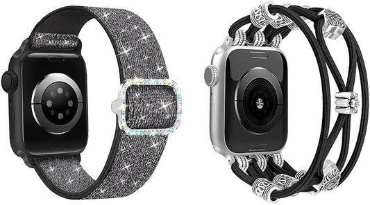 Bling Stretchy Nylon Band Beaded Bracelet Compatible with Apple Watch Band 40Mm 41Mm 38Mm 42Mm Women, Solo Loop Nylon Strap Stretchy Dressy Band for Iwatch Series 10/9/8/SE/7/6/5/4/3/2/1