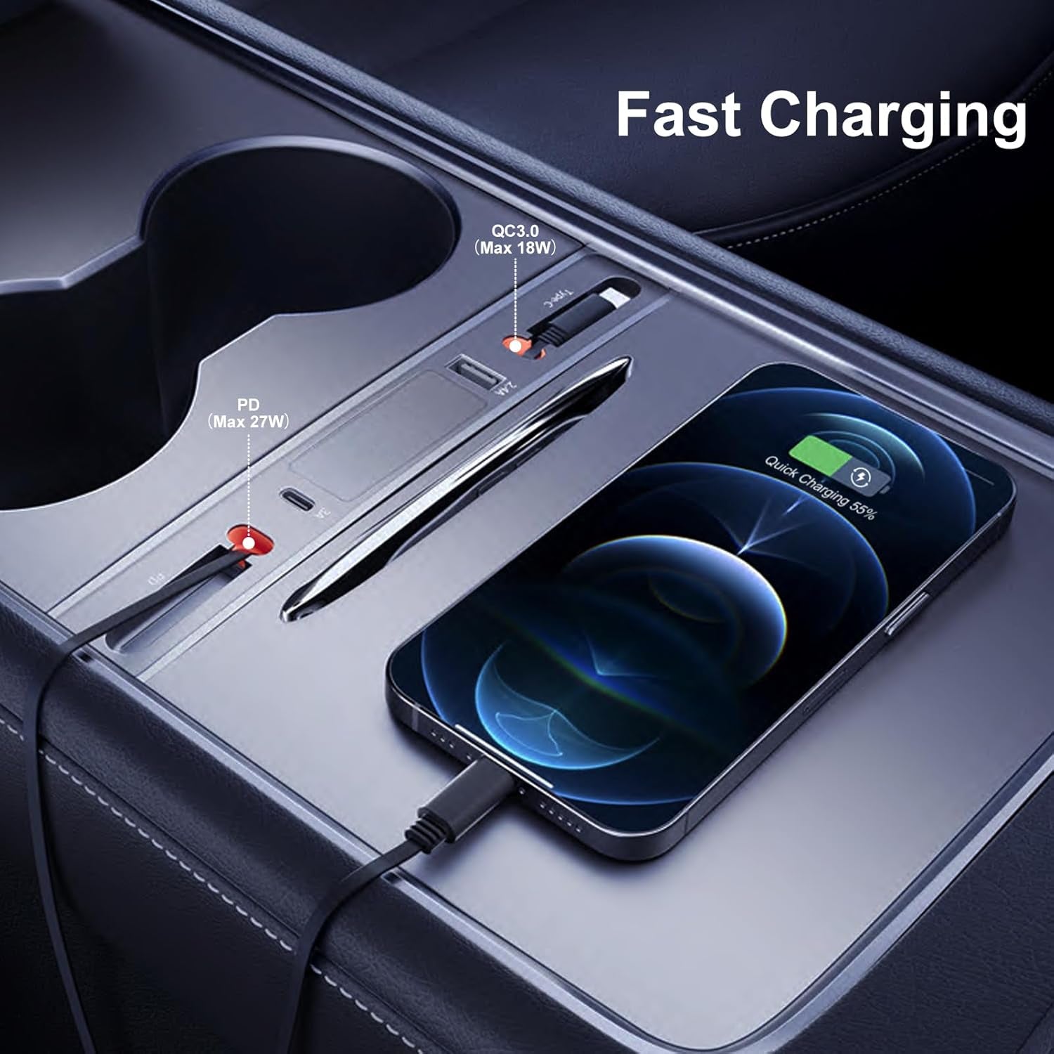 Retractable USB Hub for 2021-2024 Tesla Model Y & 2021-2023 Model 3 Center Console with Fast Charging and Built-In Charging Cables, Accessories for Tesla Model 3 and Model Y 2024 2023