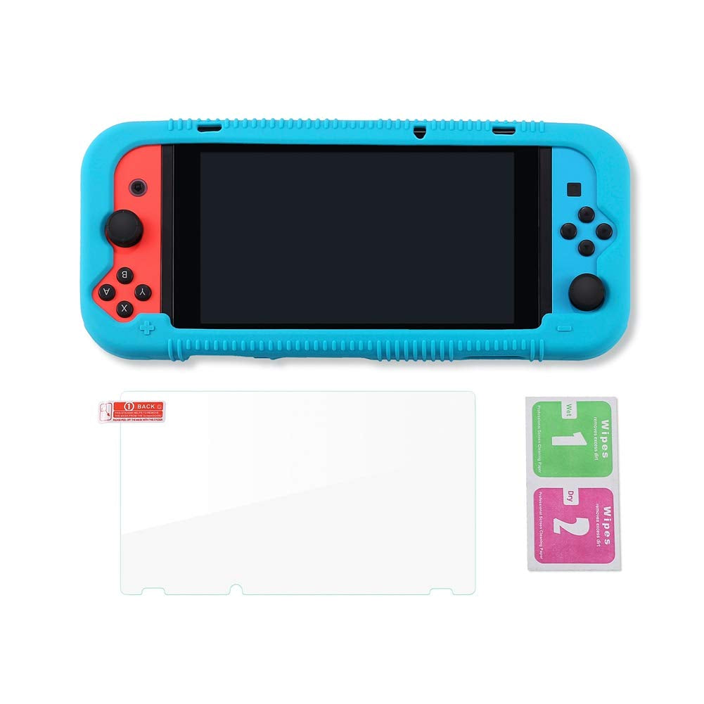 Protective Silicone Case for Nintendo Switch, Grip Cover with Tempered Glass Screen Protector, 2 Storage Slots for Game Cards, Shock-Absorption & Anti-Scratch (Blue)