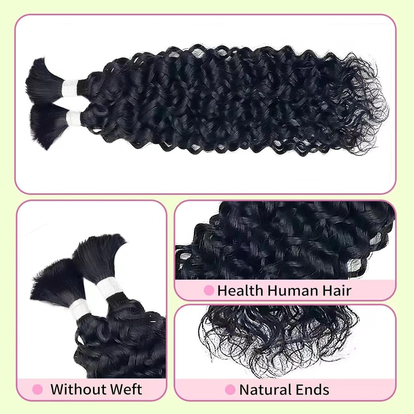 22 Inch Curly Human Hair Braiding Hair Wet and Wavy Water Wave Bulk Human Hair for Braiding No Weft Unprocessed Virgin Human Braiding Hair for Boho Braids Natural Color 2 Bundles/Pack (Total 100G)