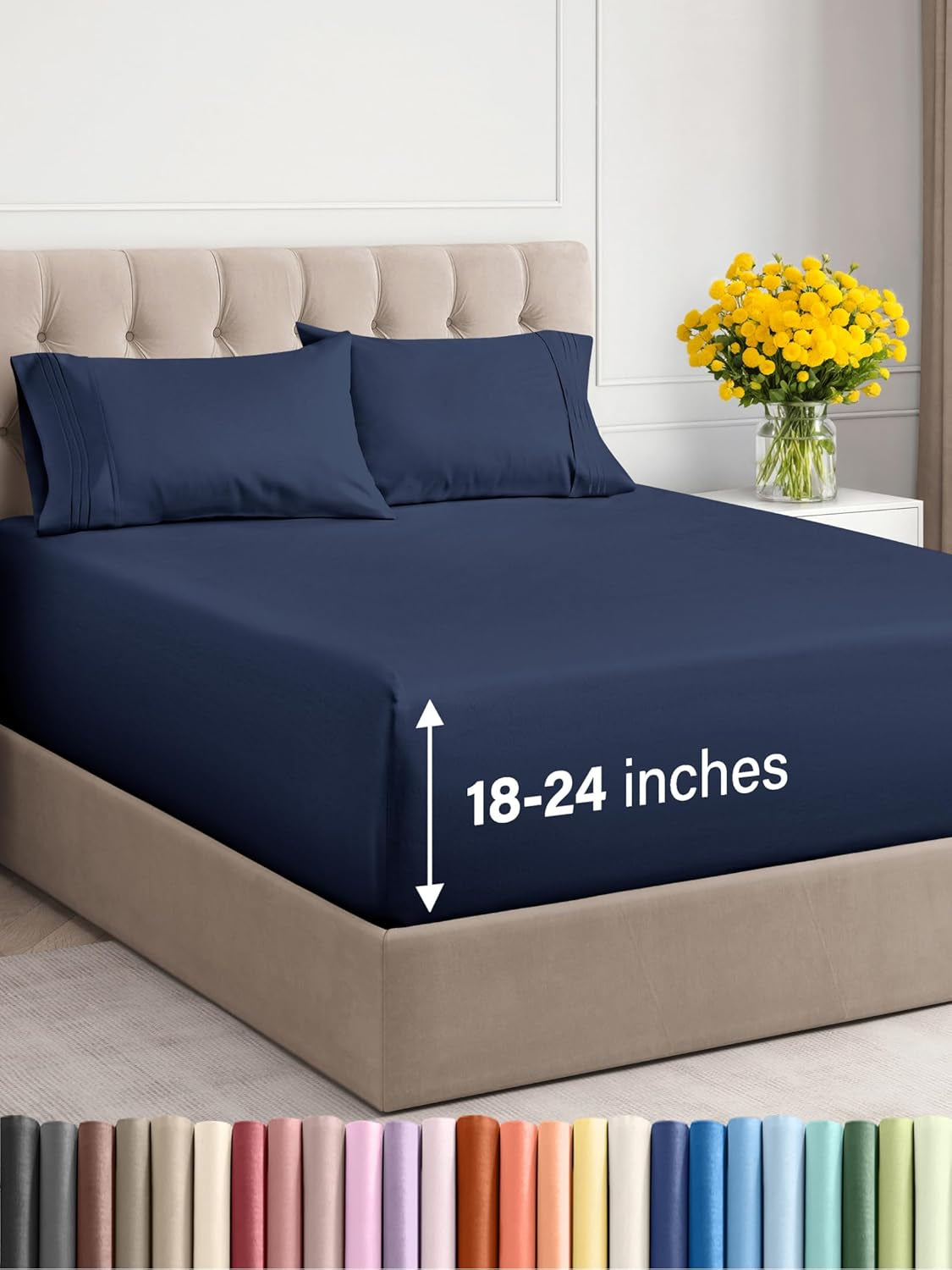 Extra Deep King Sheet Set - 6 Piece Breathable & Cooling Sheets - Hotel Luxury Bedding Set 18-24 Inch Extra Deep Pockets - Easy & Secure Fit - Super Soft, Wrinkle Free & Comfy - Navy Blue, King Size