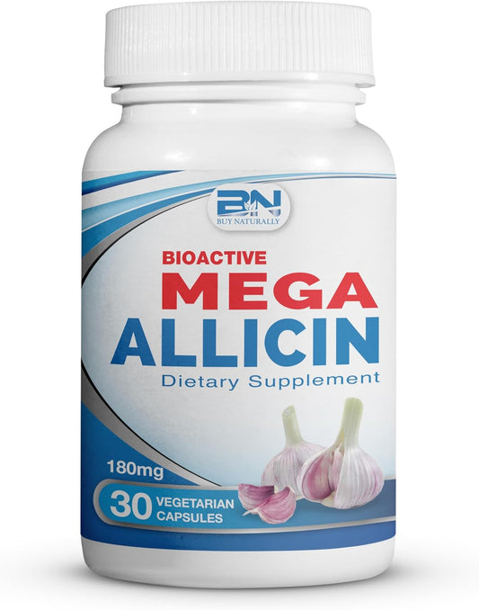 100% Pure Stabilized Allicin from Garlic, Odor-Controlled by Mega Allicin | 180,000Mcg (180Mg) Vegetarian (Vcaps) Non-Gmo, Gluten-Free | Derived from Allium Sativum (30 Count) TLBH