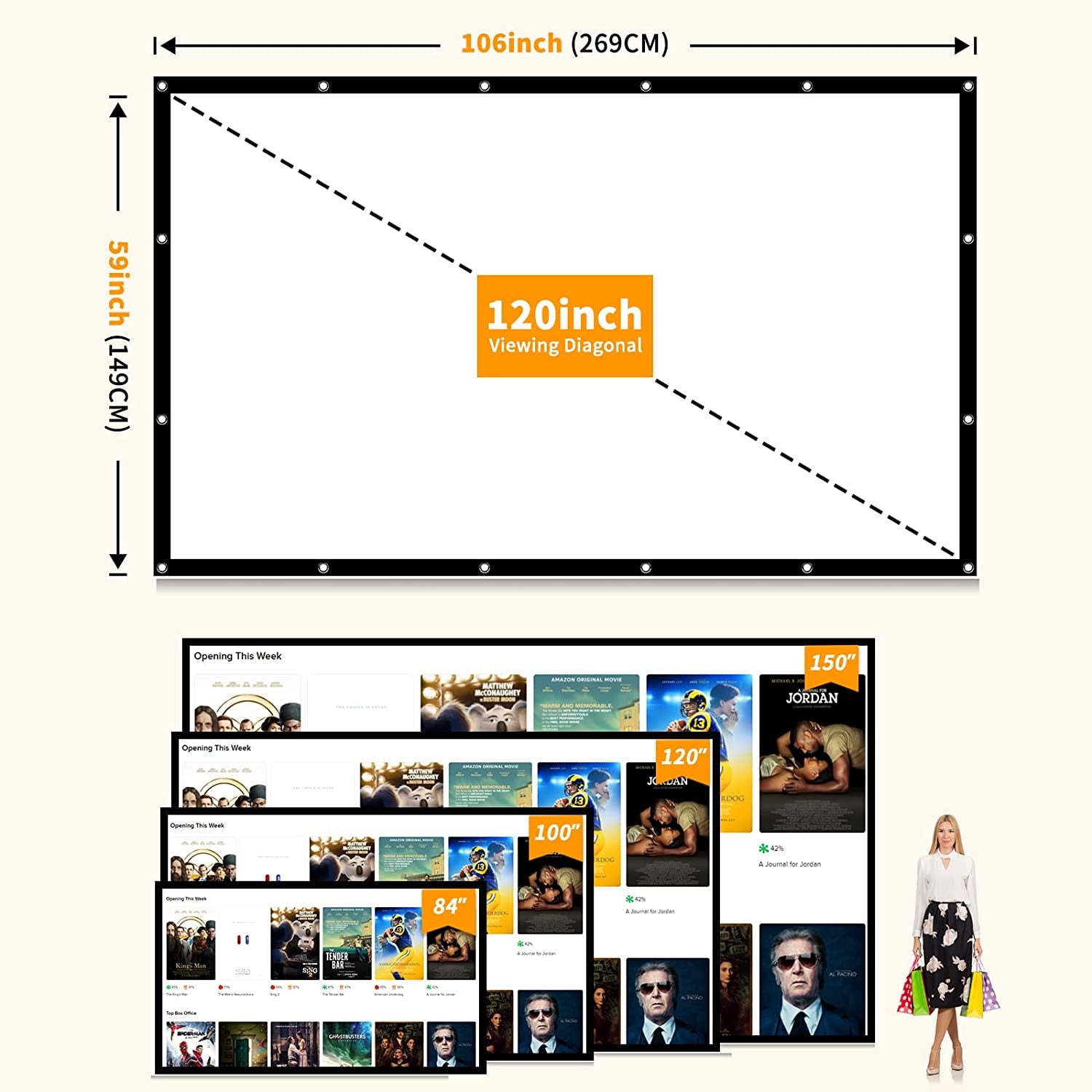 Projector Screen 120 Inch, Movie Projector Screen 16:9 Foldable and Portable Anti-Crease Indoor Outdoor Projection Double Sided Video Projector Screen for Home, Party, Office, Classroom