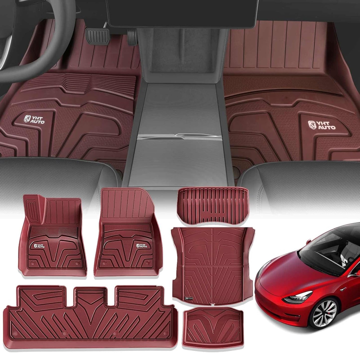 Floor Mats Compatible with Tesla Model 3 2021-2023, All Weather TPE Front Rear Cargo Liner, Rear Storage Mats, Model 3 Accessories, Red, Set of 6