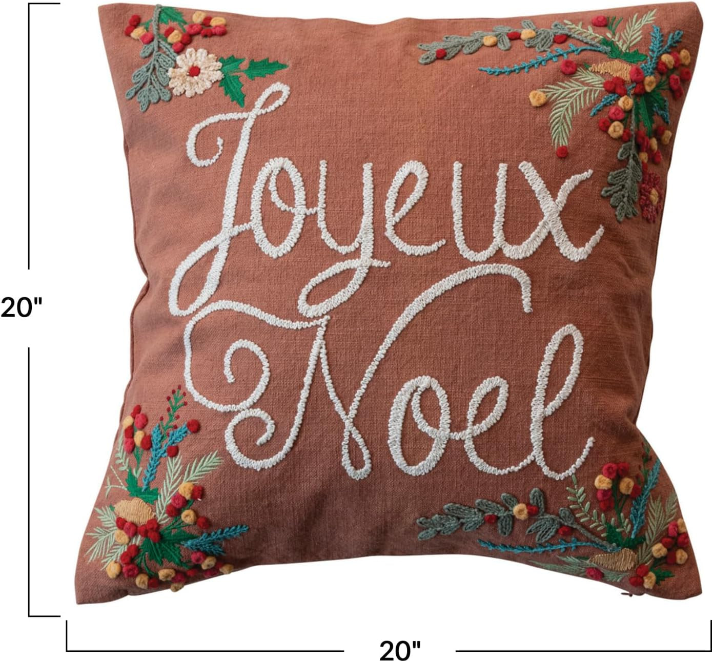 , Multicolor Square Cotton Pillow with Embroidered Botanicals Joyeux Noel