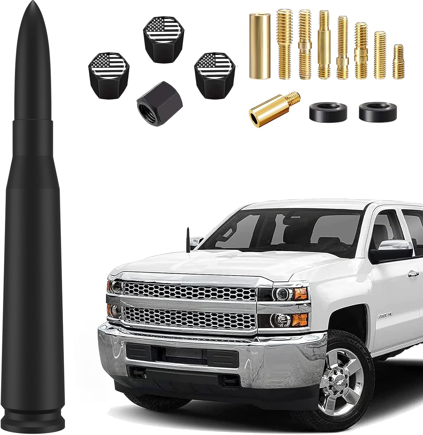 American Flag Car Truck Antenna with Valve Stem Caps, Universal Mast for GM Chevy Silverado 1500 2500 3500 HD Avalanche Ford F150 F250 F350 Denali Heavy Duty Pickup Trucks Accessories (Black)