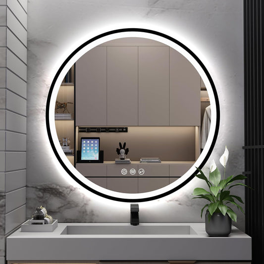 24’’ round Led Bathroom Mirror with Lights, Backlit and Front Lighted, Anti-Fog Wall-Mounted Vanity Mirror 3000K/4000K/6500K, Dimmable, inside Bluetooth Speaker, Smart Mirror