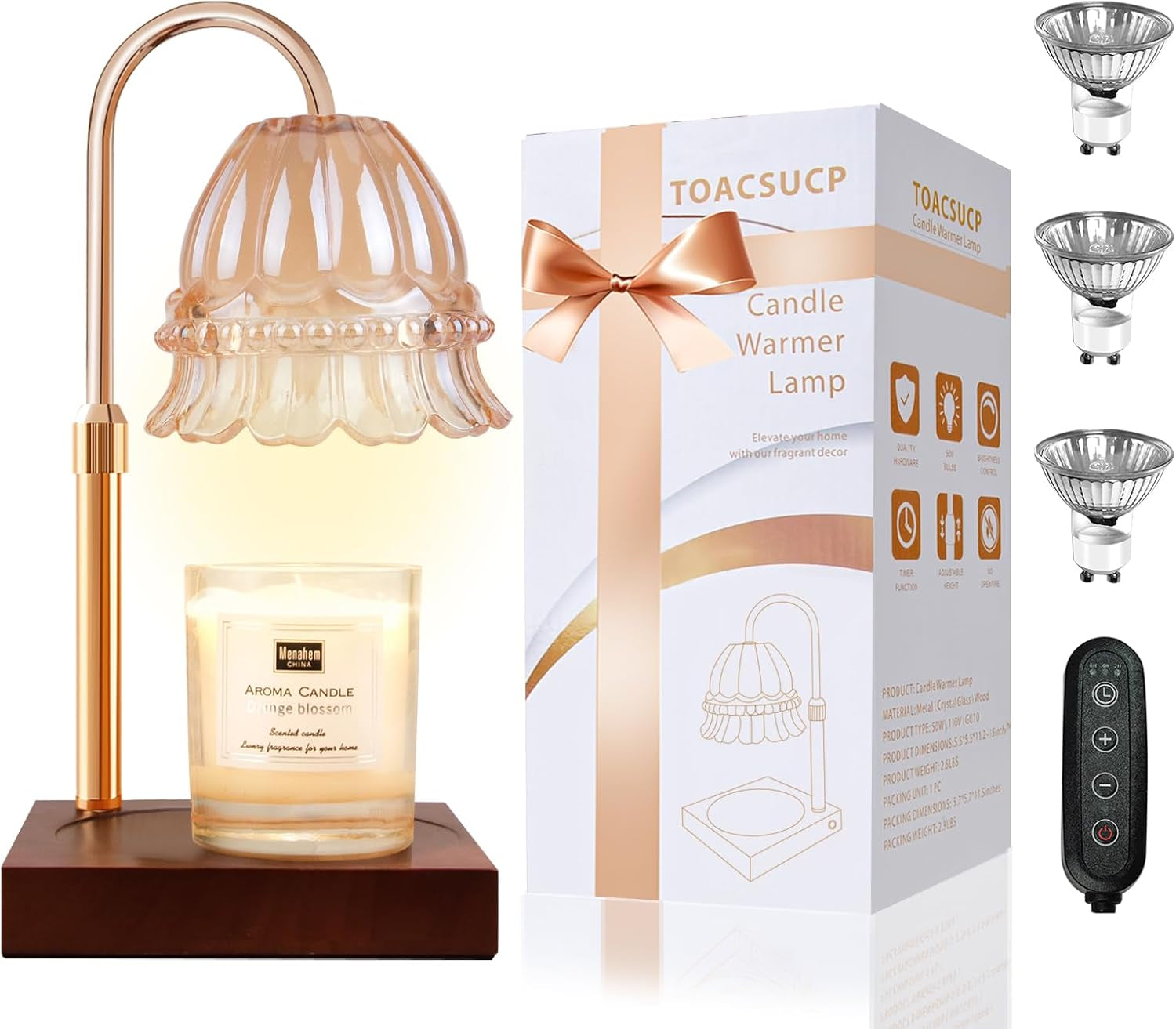 Candle Warmer Lamp with 3 Bulbs, Adjustable Height Dimmable Candle Warmer with Timer, Compatible with Large Jar Candles, Candle Lamp with Charming Gift Box Ribbon for Her/Him(Natural Wood)