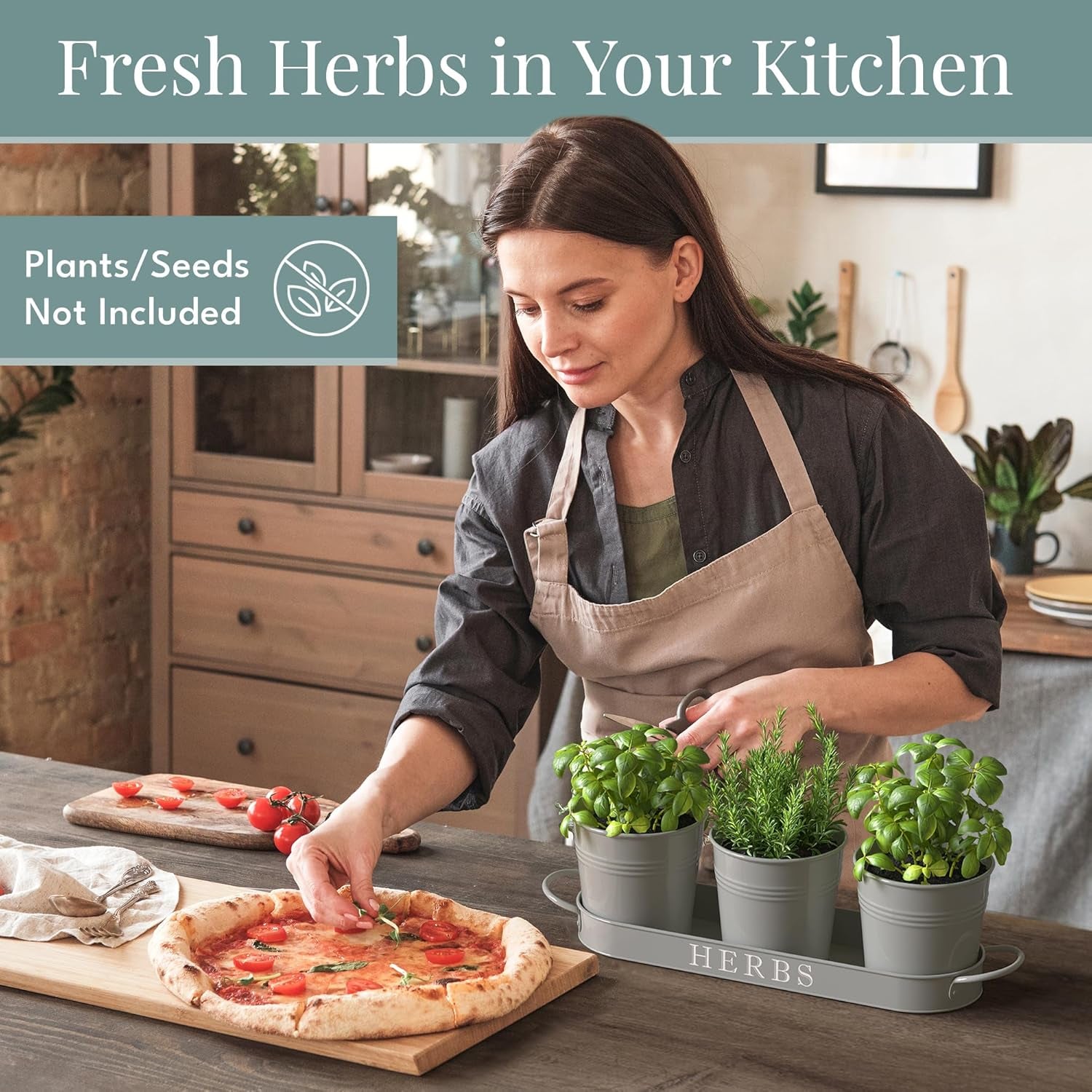 Indoor Herb Garden Planter Set with Tray, Metal Windowsill Plant Pots with Drainage for Outdoor or Indoor Plants, Set/3 (Cool Grey)