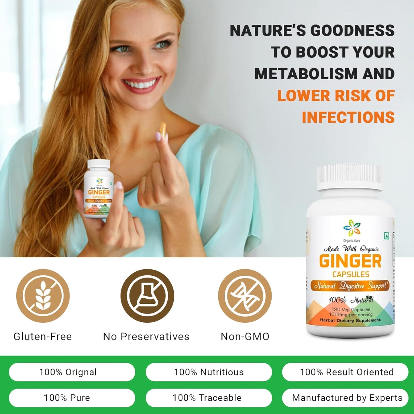 Organic Aura Ginger Capsules - 120 Veg Capsules. 2 Month Supply. Naturally Boosts Digestion, Relief Stomach Upset and Improves Immunity. No GMO and Gluten Free. TLBH