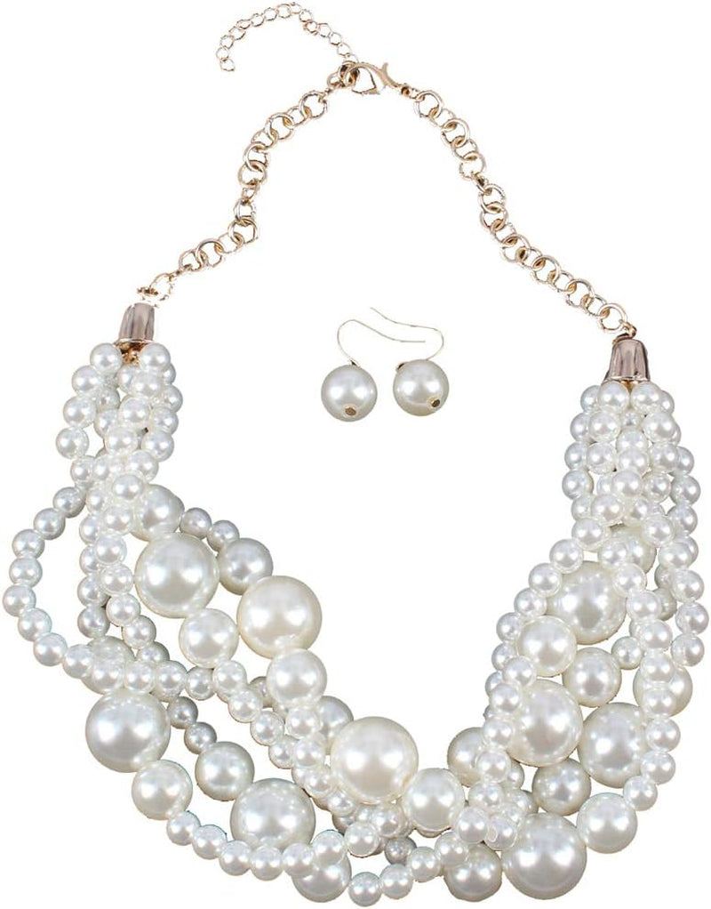 Fashion Faux Pearl Statement Chunky Bib Choker Necklace and Earring Set for Women Gift