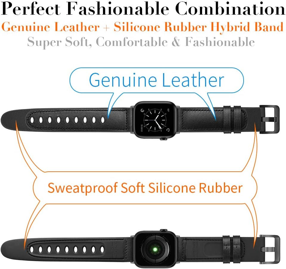 Compatible with Apple Watch Band 41Mm 40Mm 38Mm, Sweatproof Genuine Leather and Rubber Hybrid Band Strap Compatible with Iwatch Series 9 8 7 6 5 4 3 2 1 SE, Black Band with Black Adapter 2.0