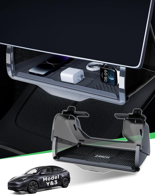 Tesla Model Y Accessories 2024 under Screen Storage, [Hidden & Anti-Drop & Easy Install] Center Console Organizer for Model 3 Accessories, with Anti-Slip Silicone Pad for Model Y & 3 (2017-2024)