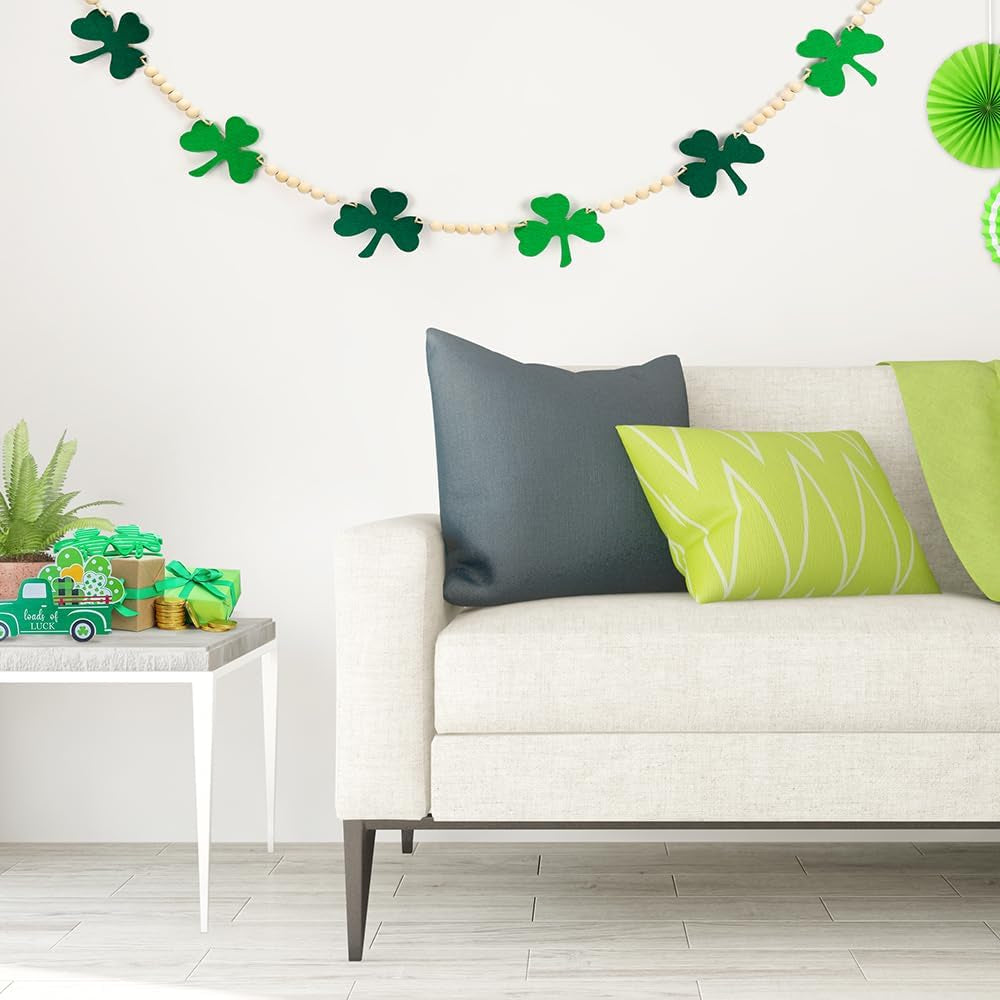 St Patricks Day Garland, Felt Shamrock Banner with Wooden Beads for St Patricks Day Decor, St Patricks Day Decorations for the Home, Saint Patricks Day Decorations