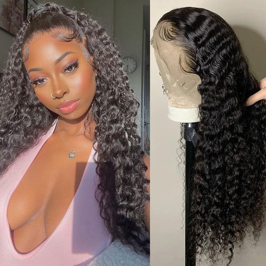 Deep Wave Lace Front Wigs Human Hair for Black Women 13X4 Curly Lace Frontal Wigs Wet and Wavy HD Transparent Lace Front Wigs Human Hair Pre Plucked with Baby Hair 180% Density 20Inch