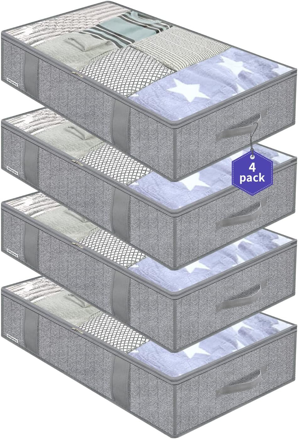 Foldable Underbed Bags 2 Pack - Blankets Clothes Comforters Storage Bag Breathable Zippered Organizer for Bedroom with Clear Window and 4 Handles, 39.4X19.7X5.9 In, Linen-Like Grey, MXDUBBP2