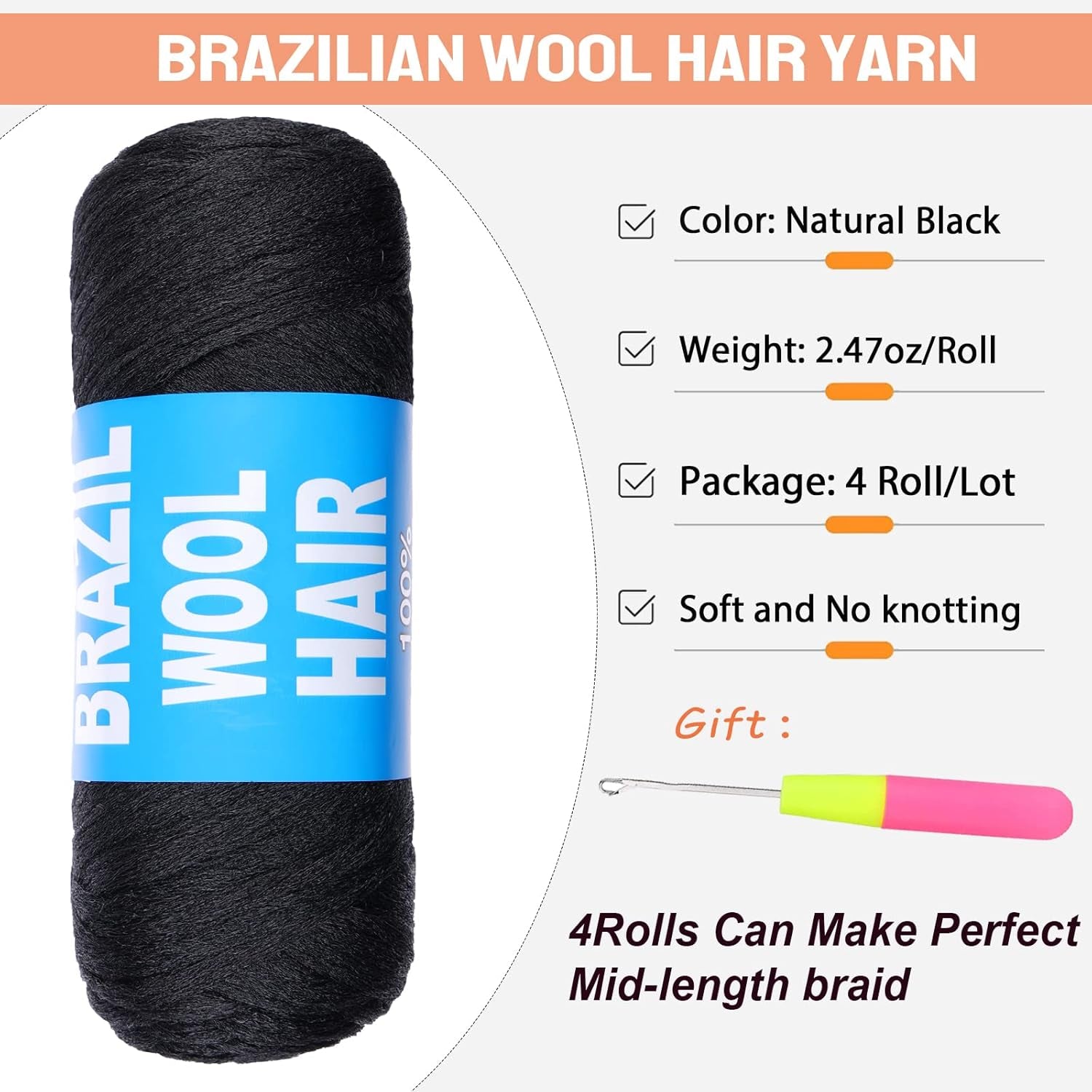 4 Pcs Natural Black Brazilian Wool Hair for Braiding Hair Acrylic Yarn Crochet Box Braids Senegalese Twist Jumbo Braids Faux Locs Crochet Hair for Women Synthetic Braiding Hair Extensions(#1B)