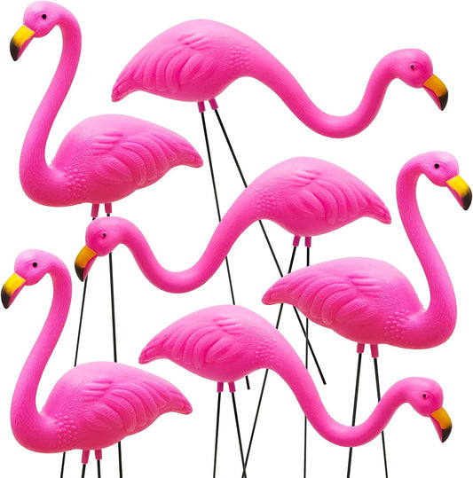 Set of 6 Small Pink Flamingo Yard Ornament Stakes, Mini Lawn Plastic Flamingo Statue with Metal Legs for Sidewalks, Outdoor Garden, Luau Party, Tropical Party Decor, 2 Styles