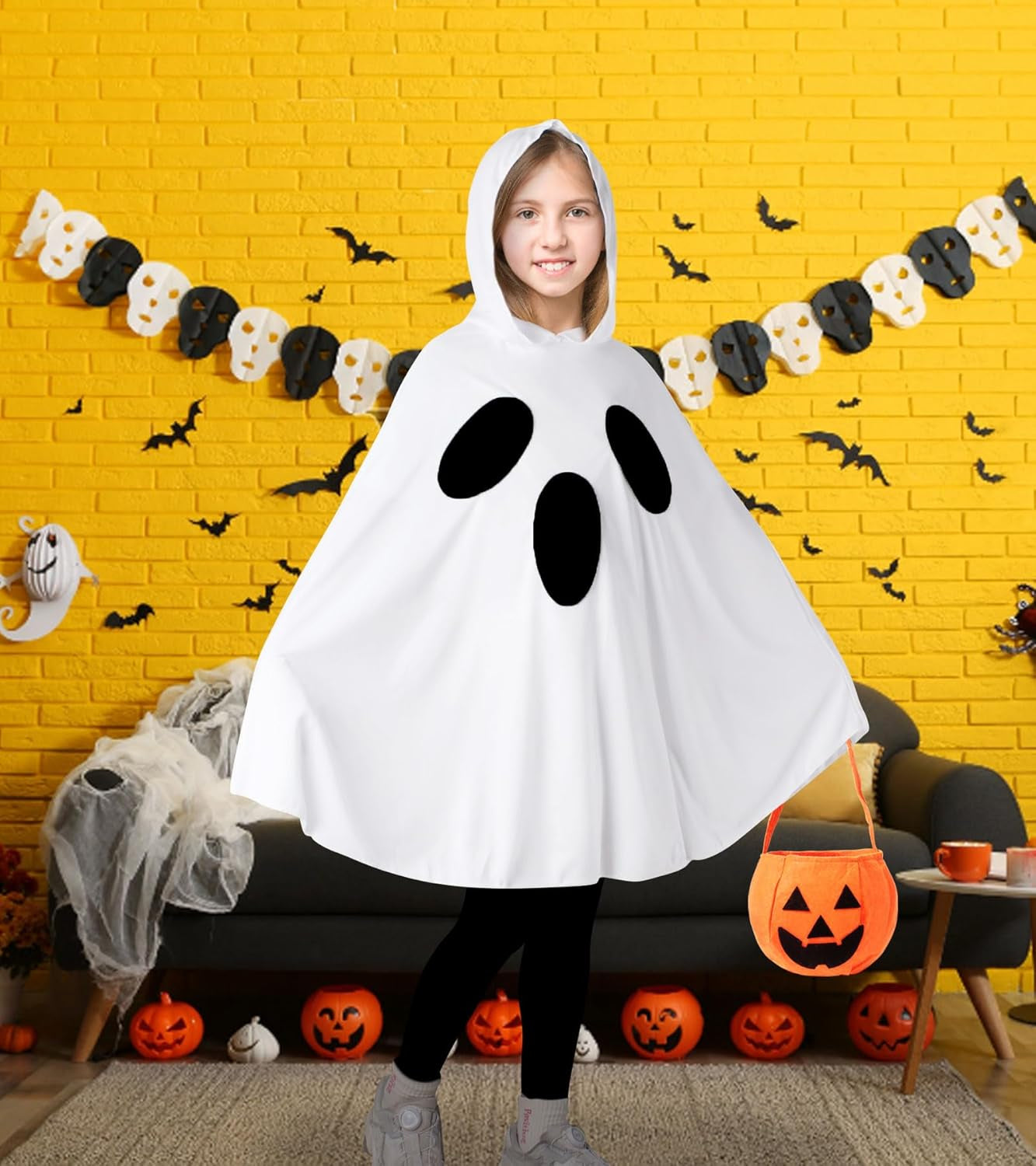 Ghost Costume for Kids,White Ghost Poncho Hooded Cape with Pumpkin Bag,Spooky Halloween Costume for Girls
