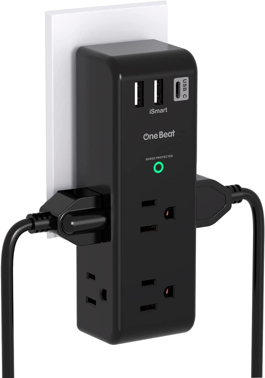 Surge Protector Outlet Extender - with Rotating Plug, 6 AC Multi Plug Outlet with 3 USB Ports (1 USB C), 1800J Wall Charger, 3-Sided Power Strip with Spaced Outlet Splitter for Home, Office, Travel
