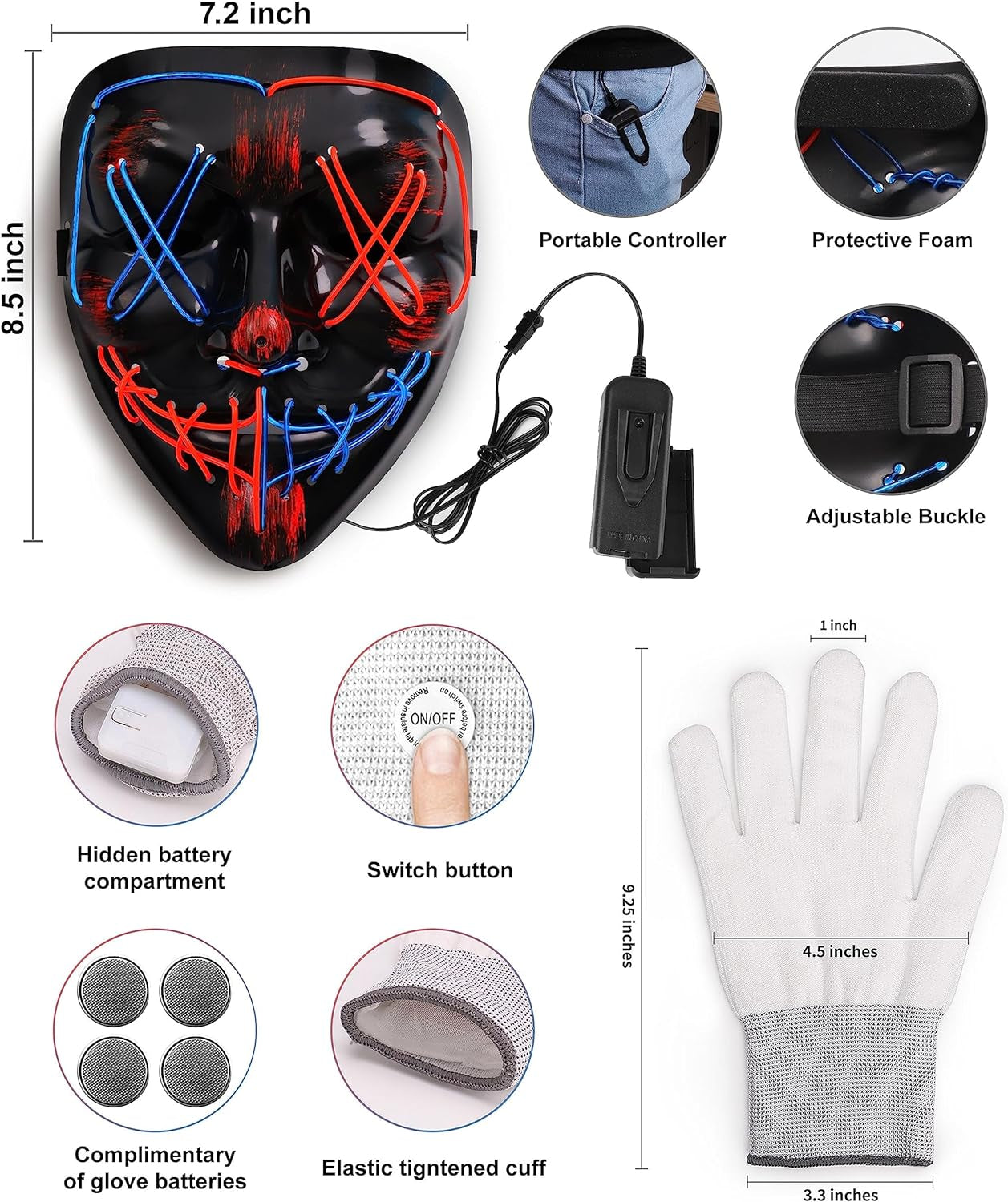 Halloween Mask Skeleton Gloves Set, Light up Scary LED Mask with Glow Gloves, Halloween Costumes for Boys Girls