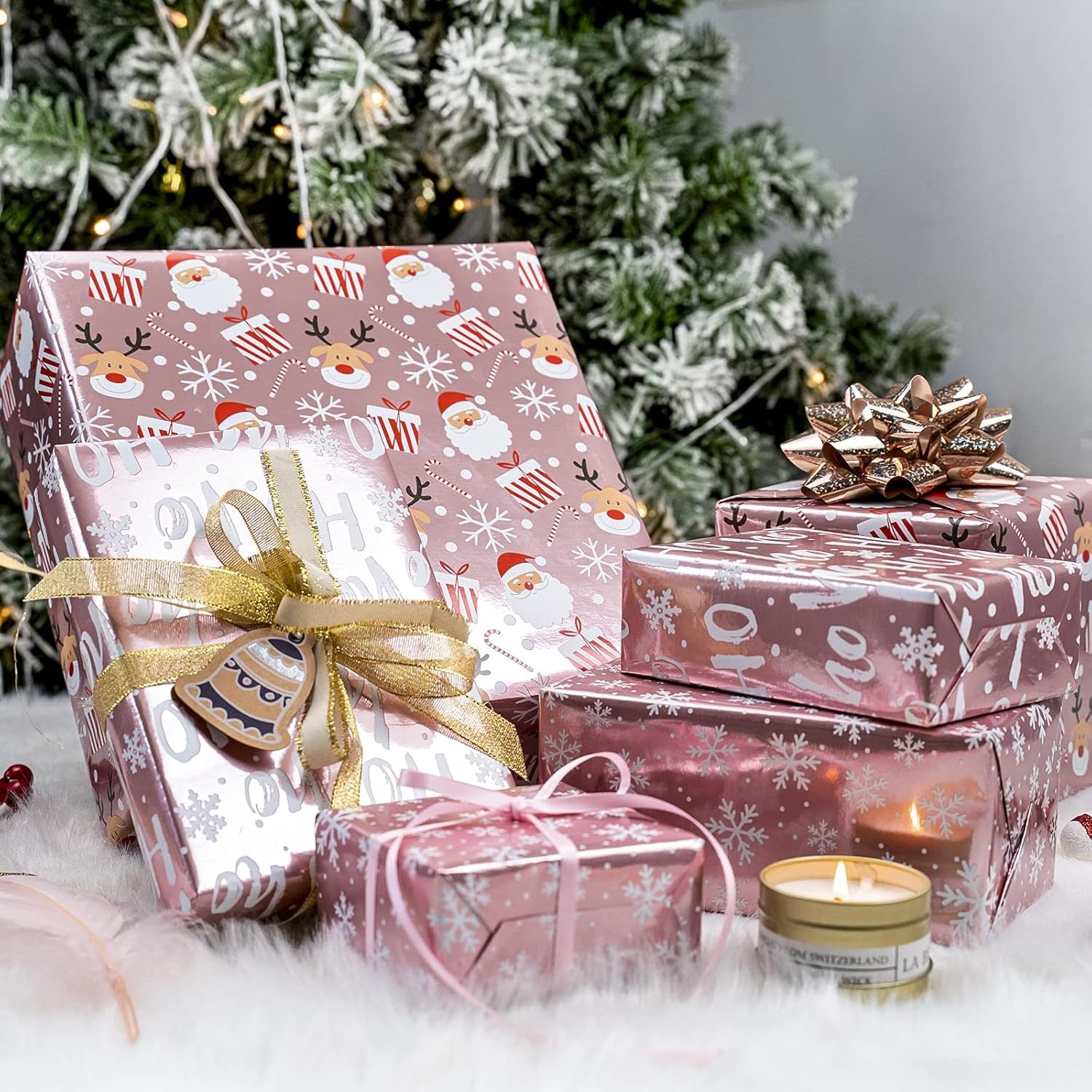 Christmas Wrapping Paper Mini Roll, Pink Metallic Foil Shine Paper - Snowflakes/Santa Claus/Ho Print for Gift Wrap, Arts Crafts - 17 X 120 Inches - 3 Rolls (42.5 Sq.Ft.Ttl.)