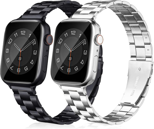 Thin Metal Bands Compatible with Apple Watch Band 38Mm 40Mm 41Mm 42Mm 44Mm 45Mm 46Mm 49Mm, Slim Stainless Steel Wristband Strap for Iwatch Ultra SE Series 10 9 8 7 6 5 4 3 2 1-Black+Silver
