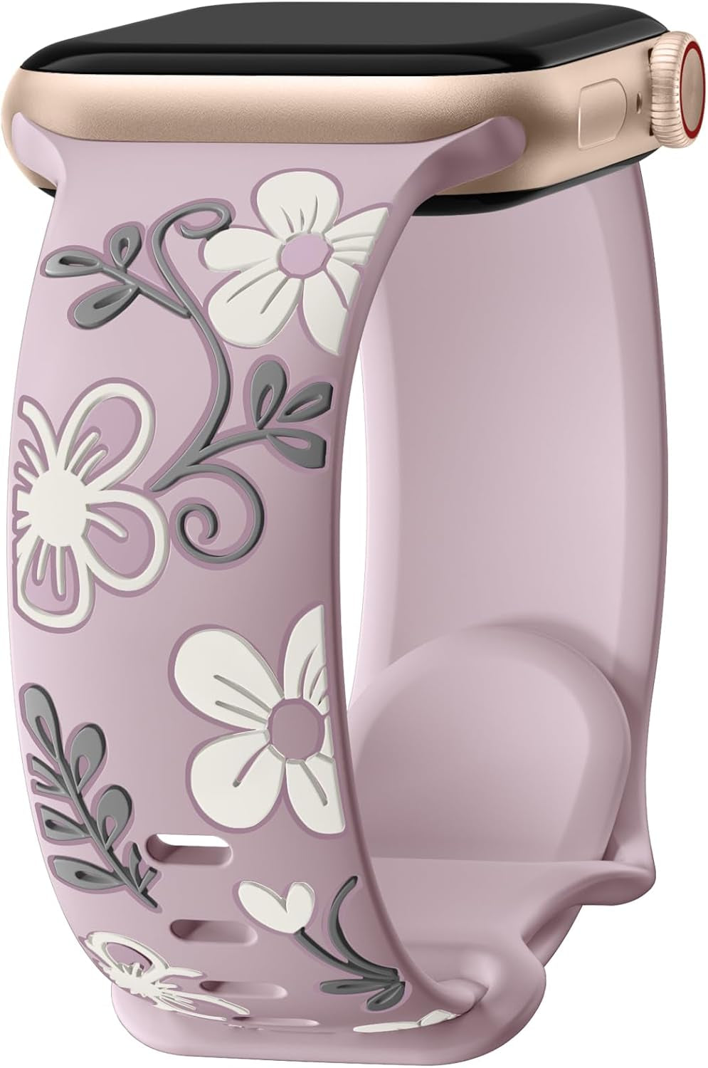 Floral Band Compatible with Apple Watch Bands for Women 40Mm 41Mm 38Mm 42Mm 44Mm 45Mm 46Mm 49Mm, Engraved Cute Flower Silicone Inlay Dressy Strap for Iwatch Series 10 9 8 7 6 5 4 3 2 SE Ultra